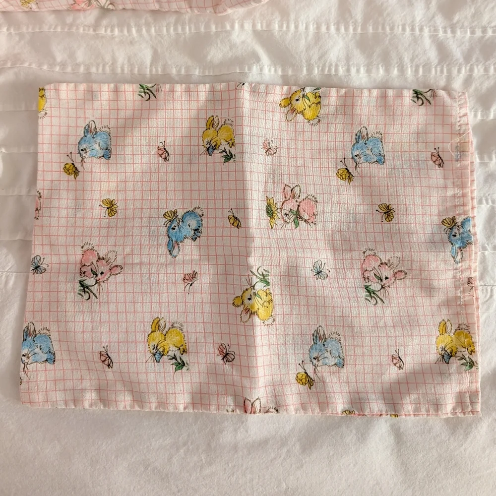 Vintage Handmade Baby Blanket - Adorable Bunnies & Pink Cotton Lace